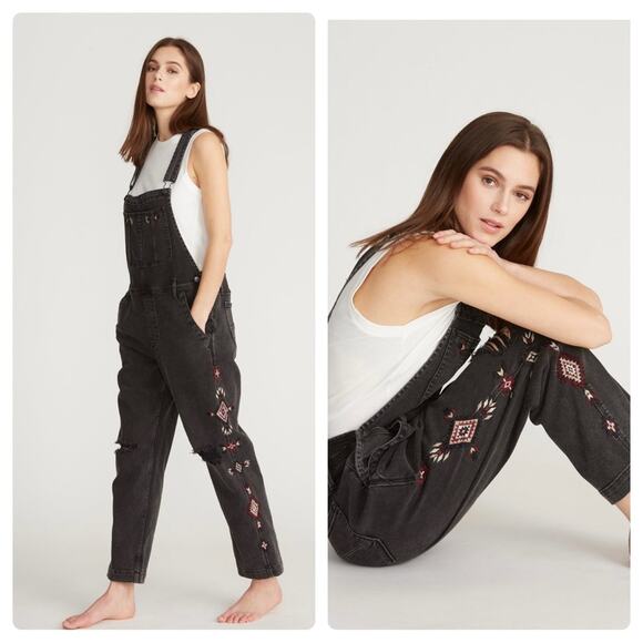 NWT Driftwood Size Small Brady Boyfriend Aztec Embroidered Overalls Washed Black - Picture 1 of 16